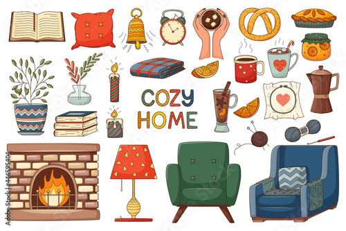 A set of elements on the theme of autumn, cozy home, hugge. A large design collection of colored doodle elements with a stroke and fill. Flat style. Color vector illustration. Isolated on white.