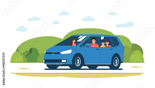 Family rides in a minivan car on the road against the backdrop of a rural landscape. Vector flat style illustration.