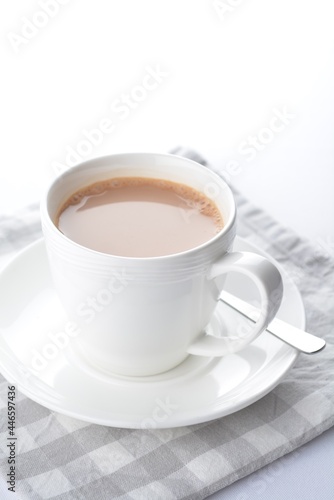 hot cocoa chocolate, milk tea, milk coffee kopi mocha latte cappuccino in white cup white background asian beverage halal menu