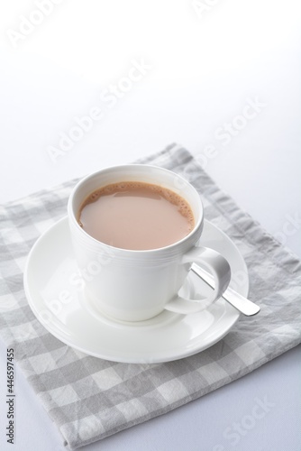 hot cocoa chocolate, milk tea, milk coffee kopi mocha latte cappuccino in white cup white background asian beverage halal menu