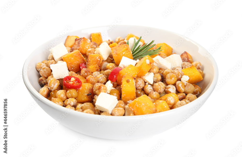 Plate with delicious fresh chickpea salad isolated on white Plate with delicious fresh chickpea salad isolated on white