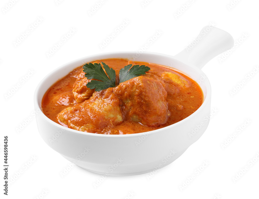 Bowl of delicious chicken curry on white background Bowl of delicious chicken curry on white background