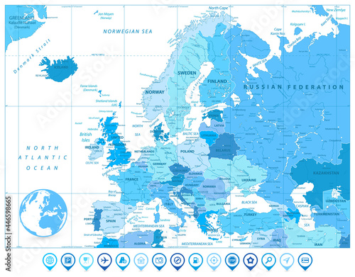 Europe Map in Colors of Blue and Map Markers