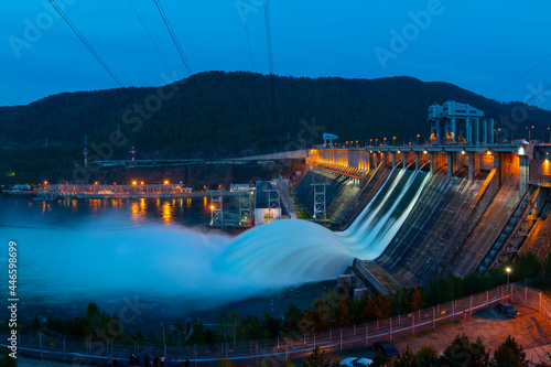 evening view of water discharge at hydroelectric power station, Krasnoyarsk hydroelectric power station, Russia
