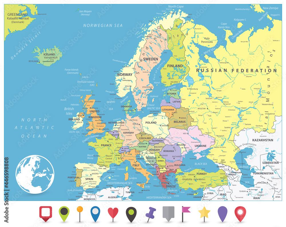 Europe Political Map and Flat Pin Icons