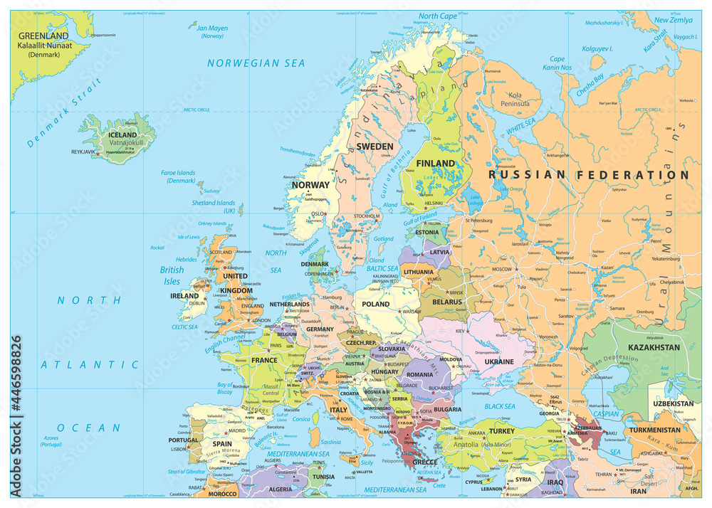 Obraz premium Europe Political Map and Roads
