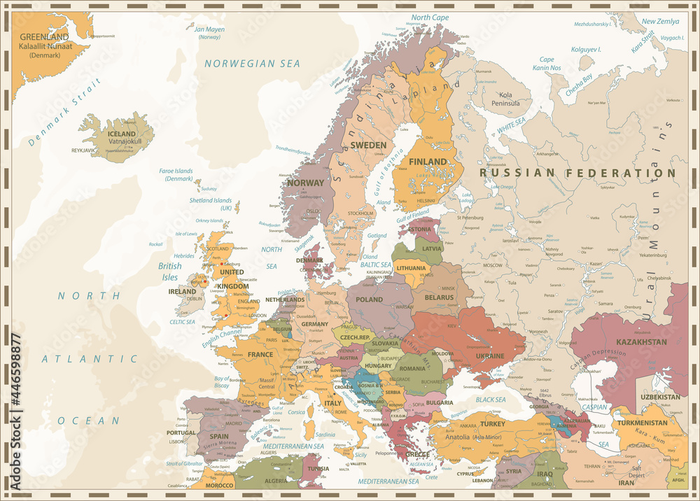 Naklejka premium Europe Political Map. Retro Colors and Bathymetry