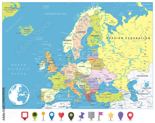 Europe Political Map and Flat Pin Icons