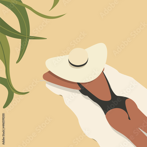 Vector illustration of a girl in a hat lying on the sand and sunbathing. Fashion illustration of a woman in a black swimsuit lying on the beach on her stomach