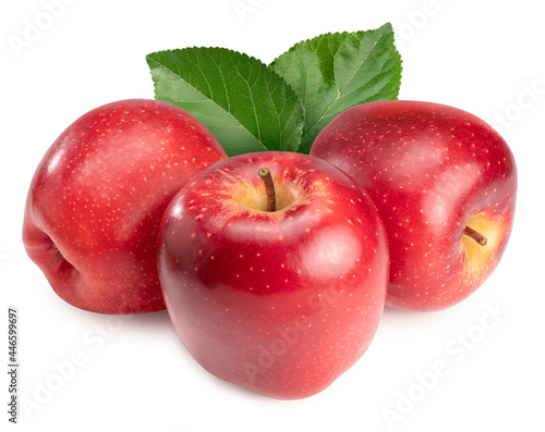 Fresh Red Apple with leaves isolated on white background, Red Royal Gala apple on white background With clipping path.