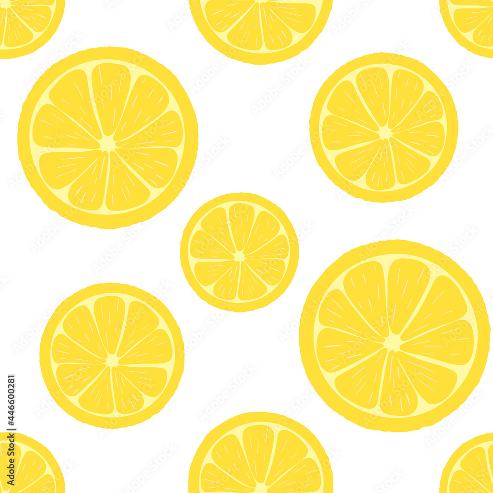 Bright yellow lemon pattern, vector illustration. Sliced ​​citrus fruits, summer fruit background. Template with organic healthy food.