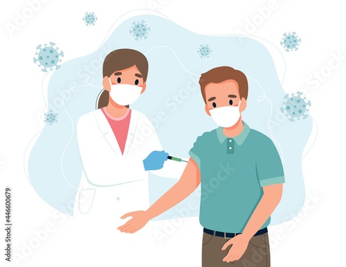 Coronavirus vaccination, man and a doctor with a syringe. Concept vector illustration in flat cartoon style