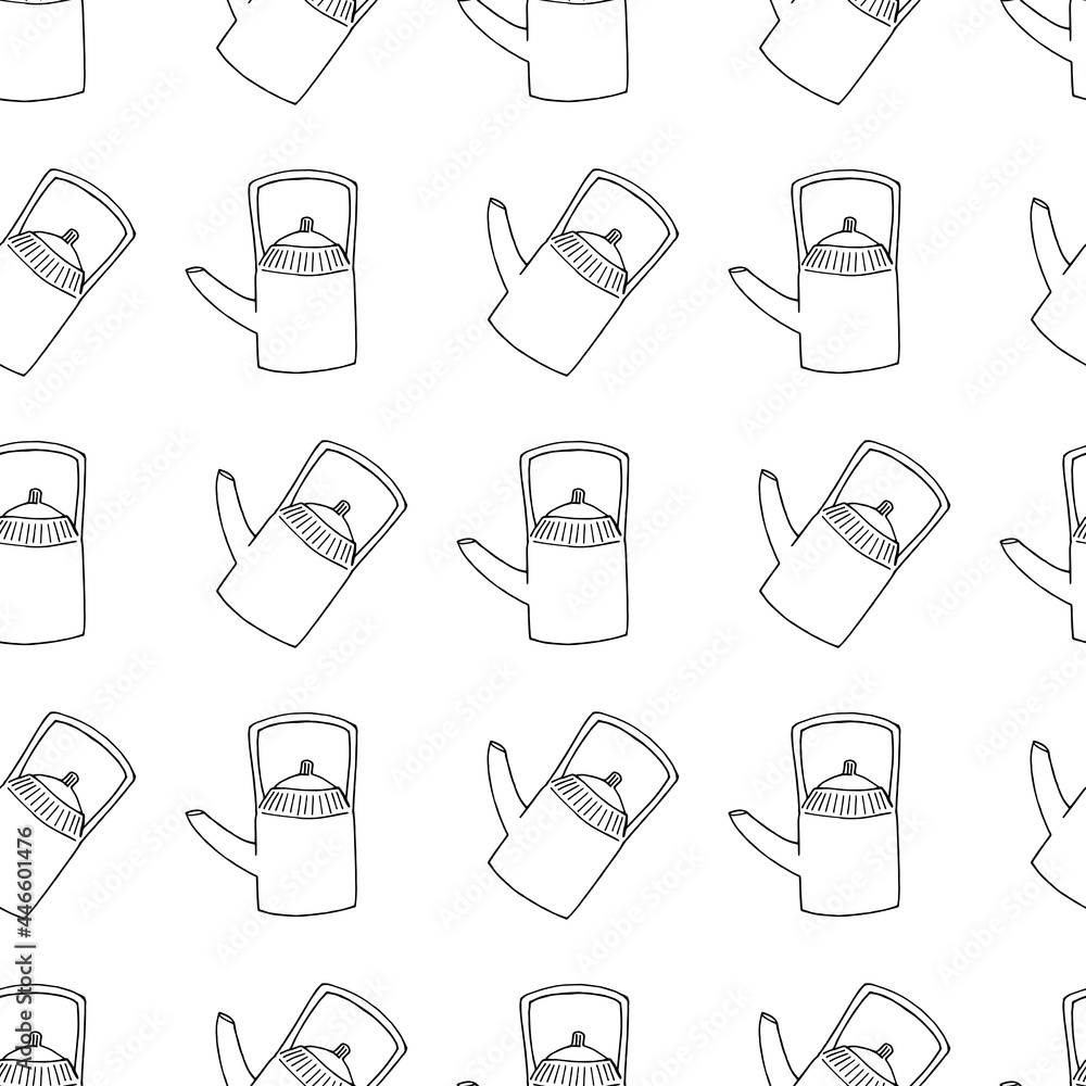 Seamless pattern with stylish black-and-white teapot on a white background
