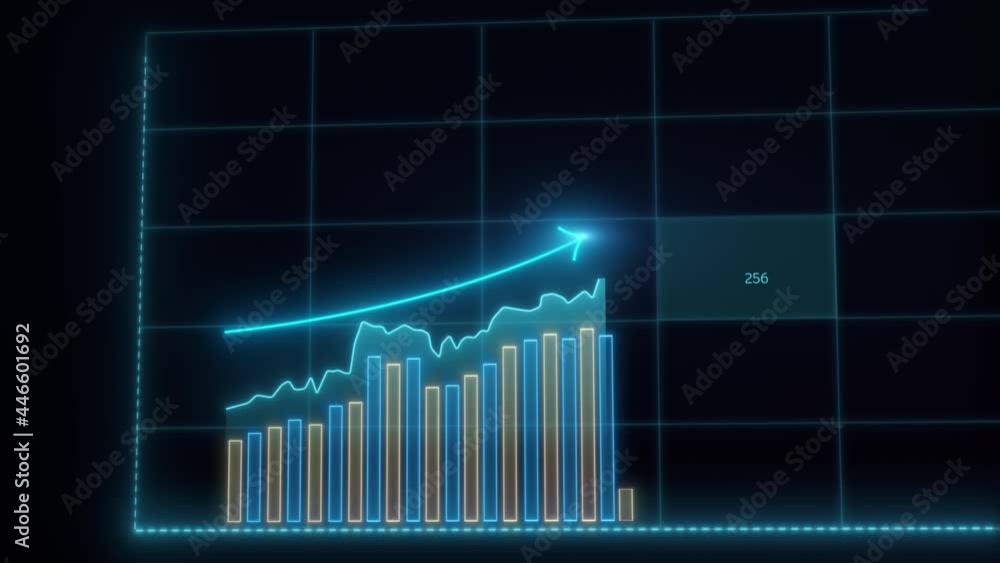Beautiful 3D animation of rising bar graph, following the arrow, trading on the stock exchange Beautiful 3D animation of rising bar graph, following the arrow, trading on the stock exchange