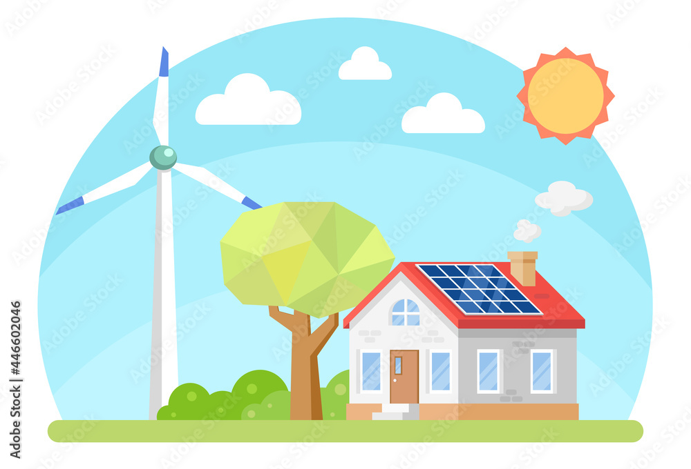 Modern house with Windmill and solar panels on the roof. Sun and cloud on a bright day. Family home flat design. Vector illustration cartoon concept.