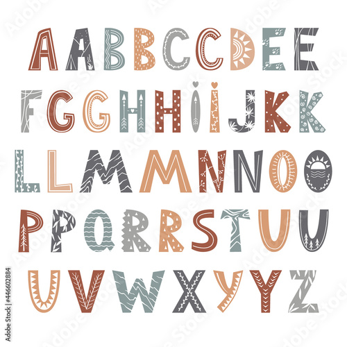 Abstract alphabet in Scandinavian style. Several letters variants to make better choice. Kids font for home decor, wall art, quotes poster, cards and kids fashion prints. Vector Illustration.