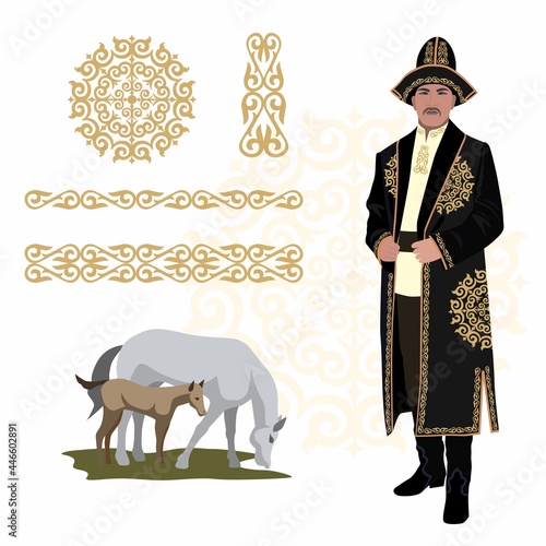Canvas-taulu Vector illustration of a man in a Kazakh national costume on the white backgroun