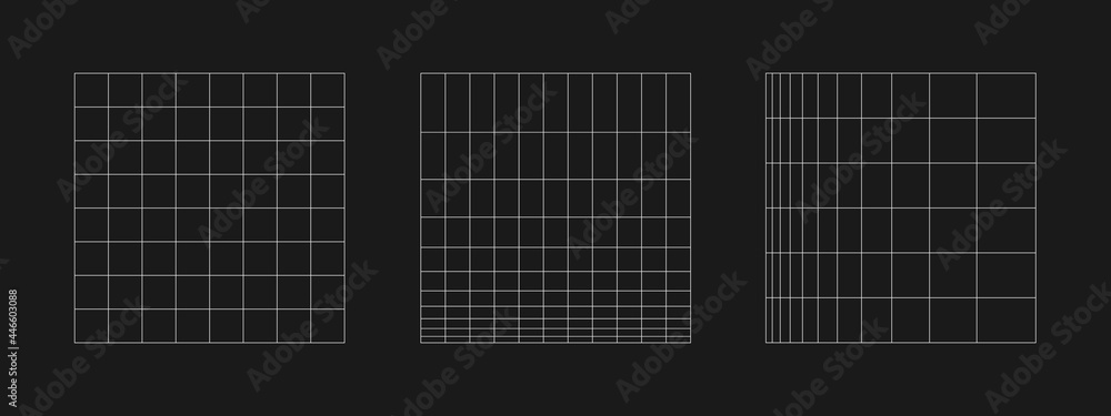 Set of retrofuturistic grid. Digital cyber retro design elements. Collection of grids in cyberpunk 80s style. Rectangular geometry for poster, cover, merch in retrowave style. Vector