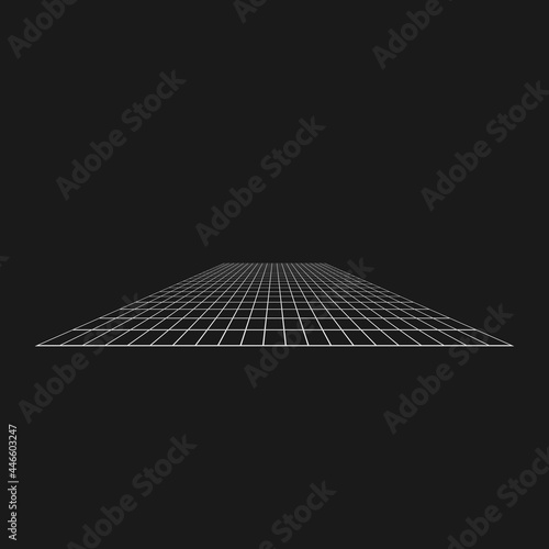 Retrofuturistic perspective grid. Digital cyber retro design element. Grid in cyberpunk 80s style. Perspective geometry for poster, cover, merch in retrowave style. Vector