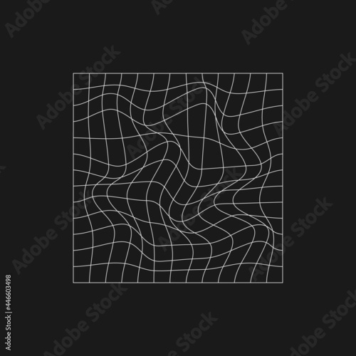 Retrofuturistic rectangle grid with liquid distortion. Cyber design element. Cyberpunk distorted grid in 80s style. Geometry for poster, cover, flyer, merch in retrowave style. Vector