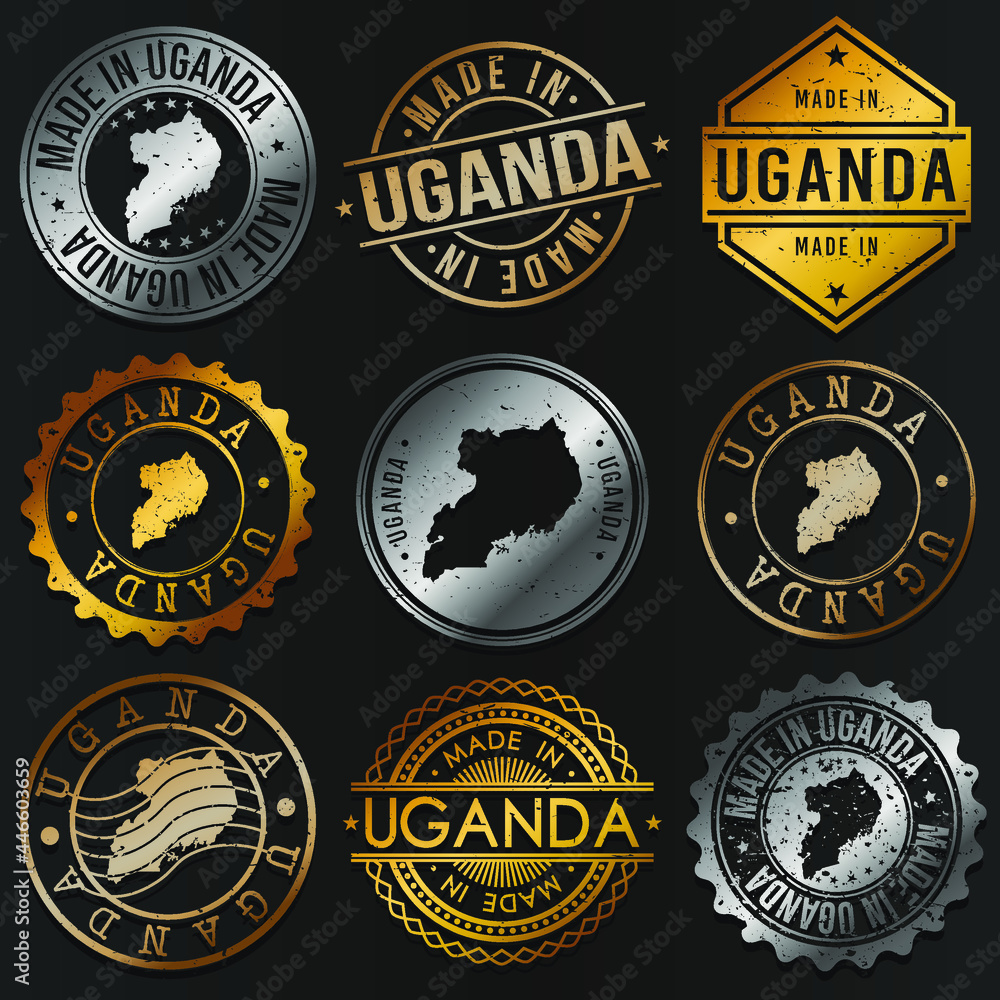 Naklejka premium Uganda Business Metal Stamps. Gold Made In Product Seal. National Logo Icon. Symbol Design Insignia Country.