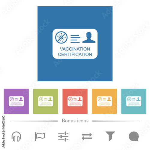 Vaccination certification flat white icons in square backgrounds
