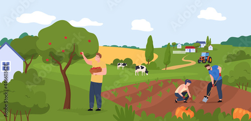 Farm workers people at countryside panorama vector illustration agricultural job or hobby together