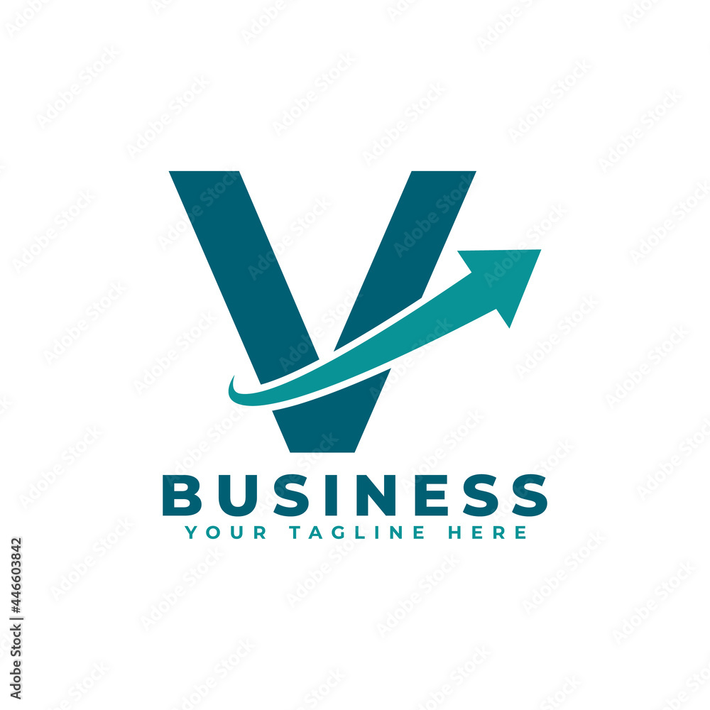 Letter V with Swoosh Arrow Up Logo Design. Creative Letter Mark