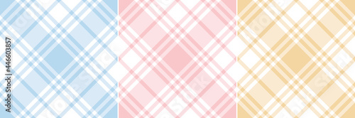 Summer tablecloth check pattern set. Pastel flat tartan plaid backgrounds in blue, pink, yellow, white for picnic blanket, oilcloth, duvet cover, other modern Easter holiday fashion fabric design.