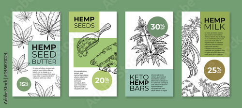 Collection hemp product vertical stories poster vector illustration. Food with natural ingredients