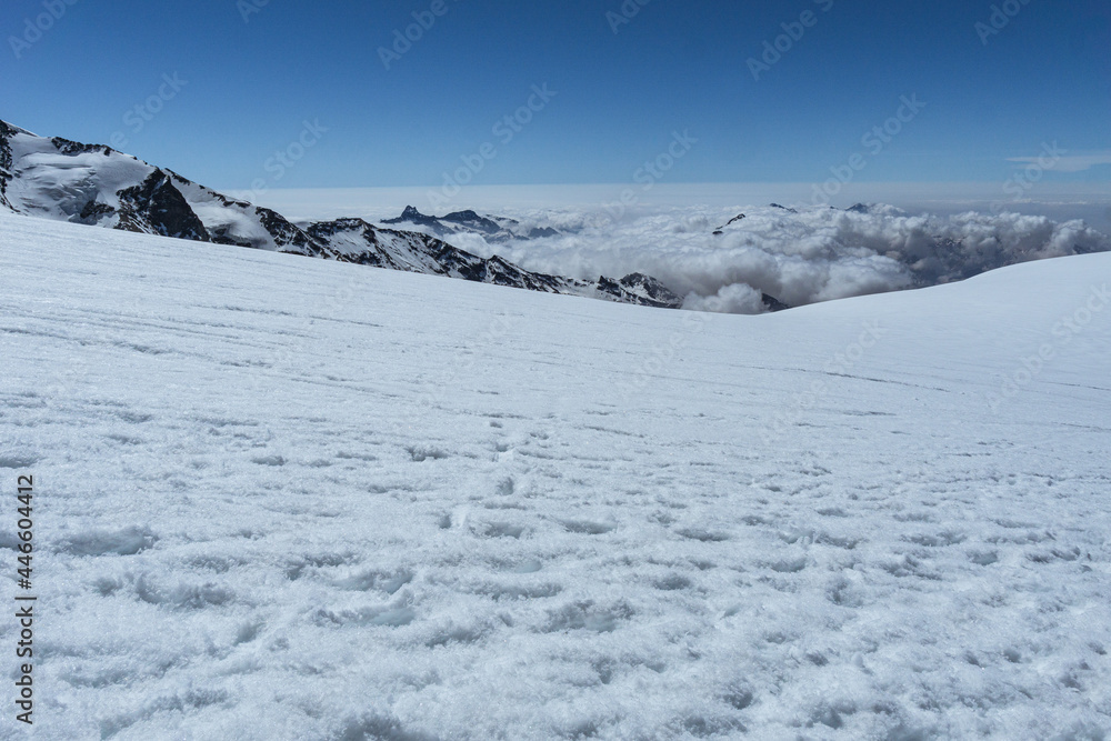 Glaciers and snow between the alps near the matterhorn and Monte Rosa, near the town of Zermatt, Switzerland - June 2021 Glaciers and snow between the alps near the matterhorn and Monte Rosa, near the town of Zermatt, Switzerland - June 2021
