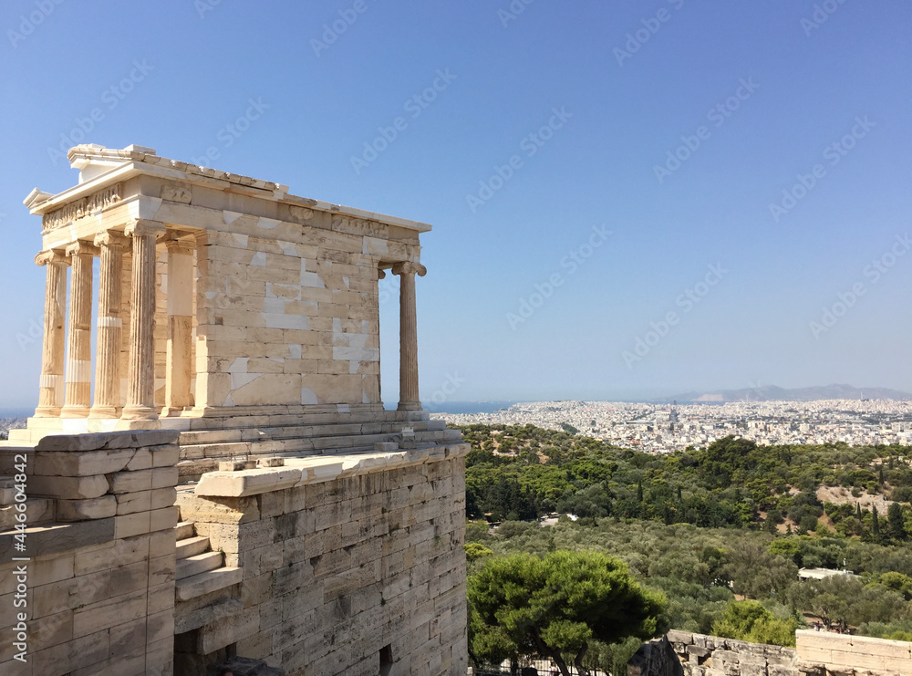 The Temple of Athena Nike is a temple on the Acropolis of Athens, dedicated to the goddesses Athena and Nike. It has a prominent position on a steep bastion to the right of the entrance, the Propylaea
