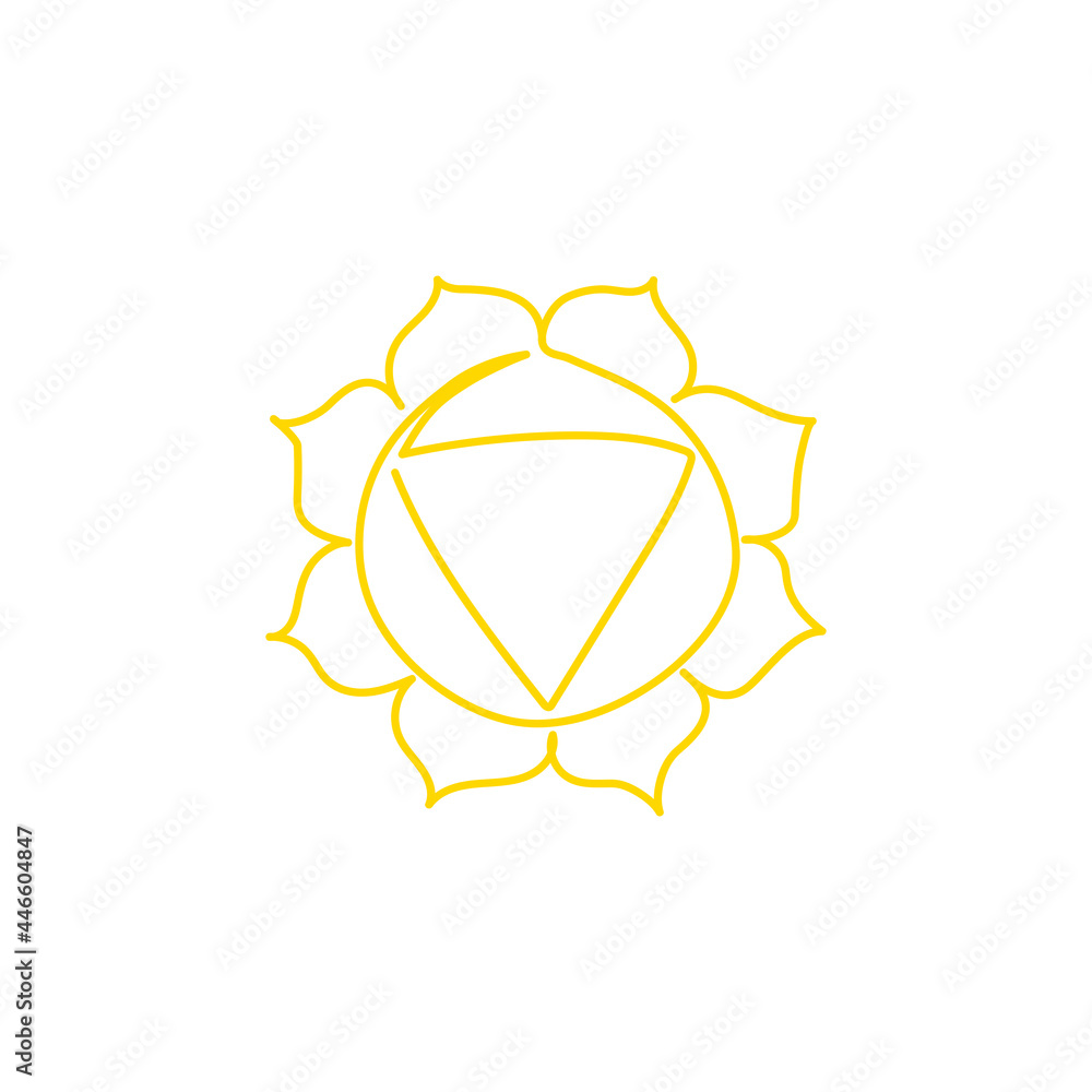 Yellow Chakra Manipura drawn with one line. Linear yoga symbol. Energy sign balance. Buddhism, Hinduism, Reiki, Spiritual growth. Esoterics. Vector linear illustration.