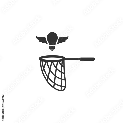 Butterfly net with flying bulb. Catch, hunt, chase ideas and solutions symbol.