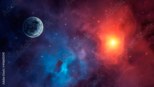 Space background. Planet in colorful nebula with stars. Elements furnished by NASA. 3D rendering