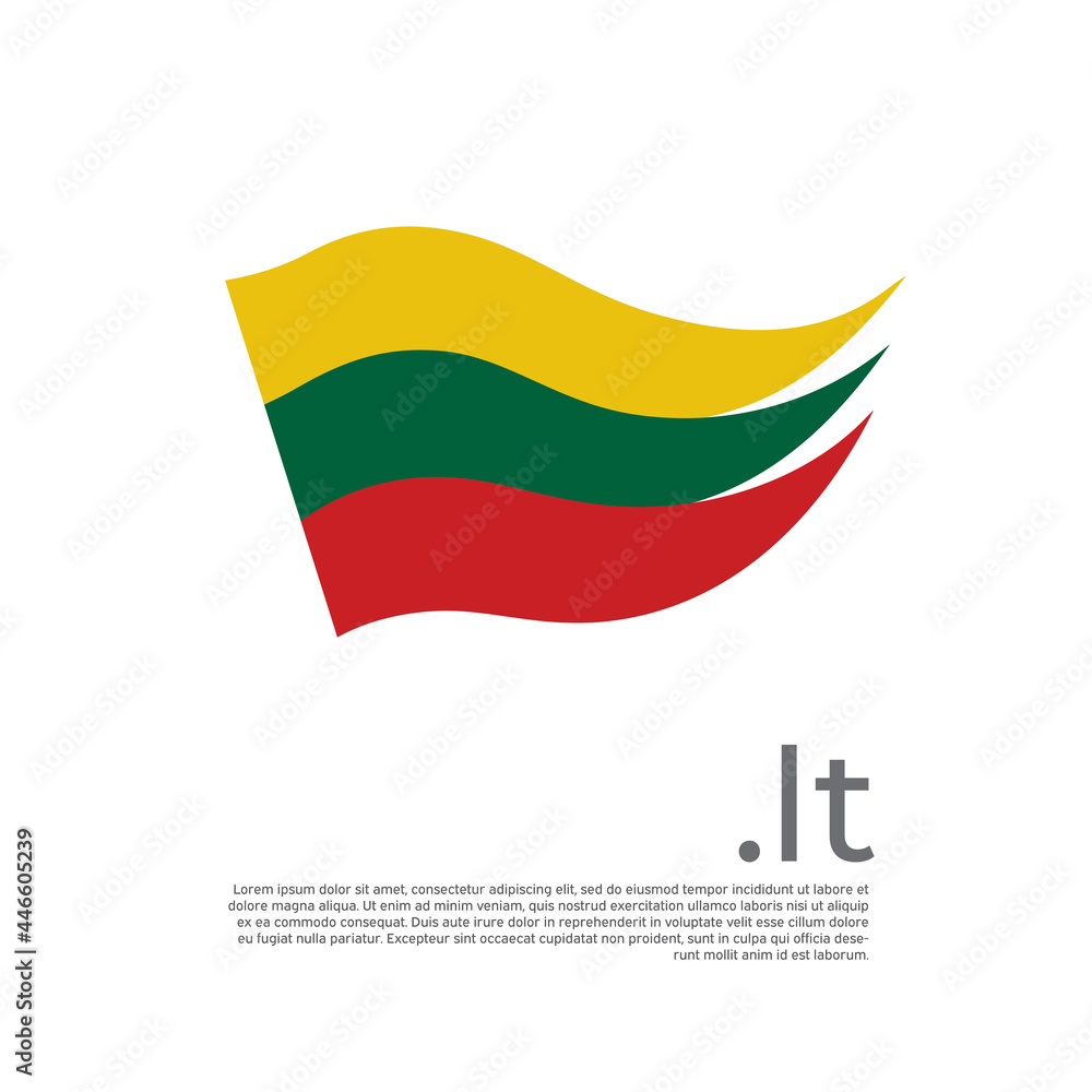 Obraz premium Lithuania flag. Stripes colors of the lithuanian flag on a white background. Vector design national poster with .lt domain, place for text. Brush strokes. State patriotic banner of lithuania, cover