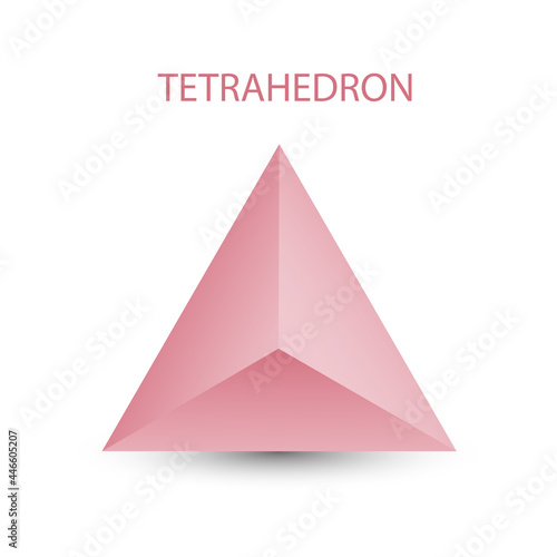 Vector pink tetrahedron with gradients for game, icon, package design, logo, mobile, ui, web. One of regular polyhedra isolated on white background. Minimalist style. Platonic solid. photo