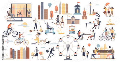 City life scenes and daily urban routine elements tiny person collection set. Environment with real estate, business office, transportation, family recreation and everyday moments vector illustration.