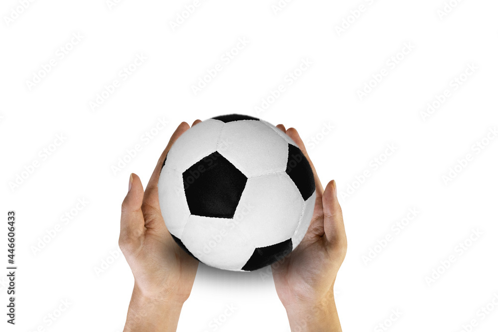 top view of human hand holding a classic football , Soccer top view of human hand holding a classic football , Soccer