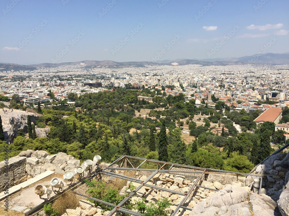 View of the Ancient Agora of Athens with the The Temple of Hephaestus to the left and the Stoa of Attalos to the right, as seen from the Athenian Acropolis in Athens, Greece.