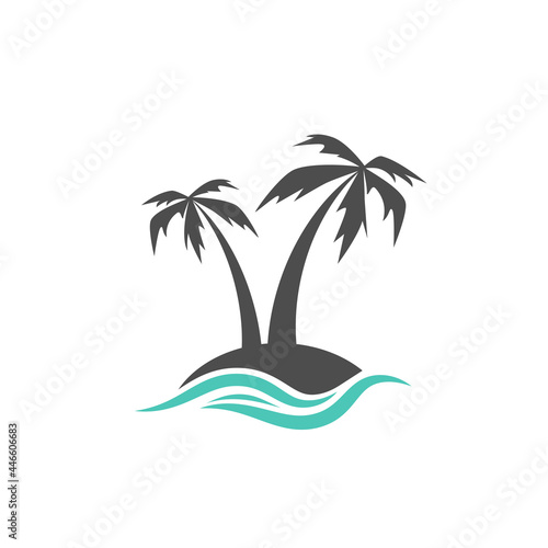 Black palm trees on little island with sun and ocean waves isolated on white.