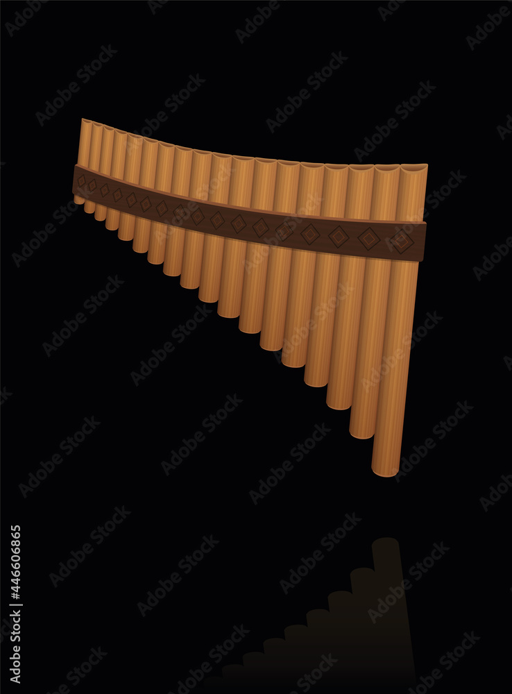 Panpipes, pan flute on black background. Ancient, rural woodwind