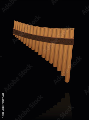 Panpipes, pan flute on black background. Ancient, rural woodwind musical instrument with pipes of different lengths. Isolated vector illustration. 