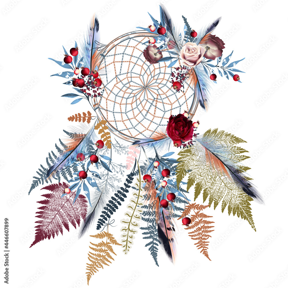 Boho vector fashion illustration with dreamcatcher, colorful feathers, fern leaves, berries