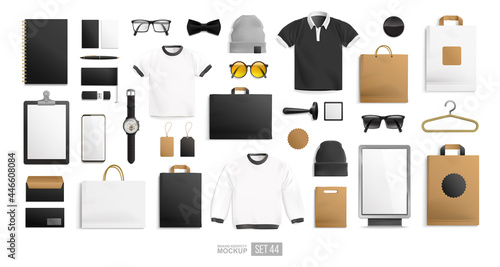 Male fashion clothing objects and stationery elements  mockup set for Brand Identity men's store or boutique. Realistic  apparel mockup set for Brand Identity Men's shop Clothes. Isolated vector