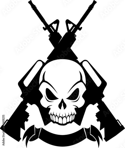 human skull with crossed assault rifles