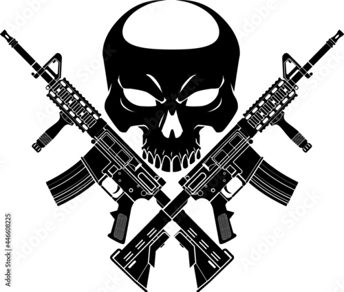 human skull with crossed assault rifles