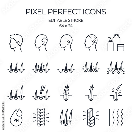 Hair problems related editable stroke outline icons set isolated on white background flat vector illustration. Pixel perfect. 64 x 64.