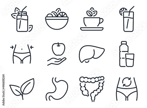 Detox and cleanse related editable stroke outline icons set isolated on white background flat vector illustration. Pixel perfect. 64 x 64.