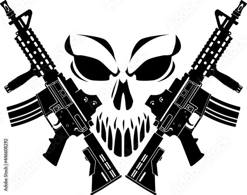 human skull with crossed assault rifles photo